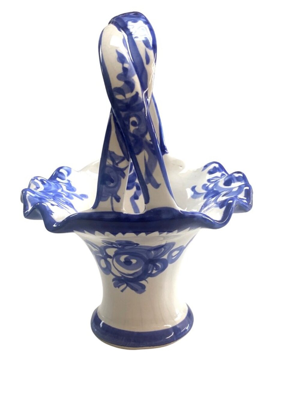 Hand-Painted Portuguese Ceramic Basket With Blue Floral Design